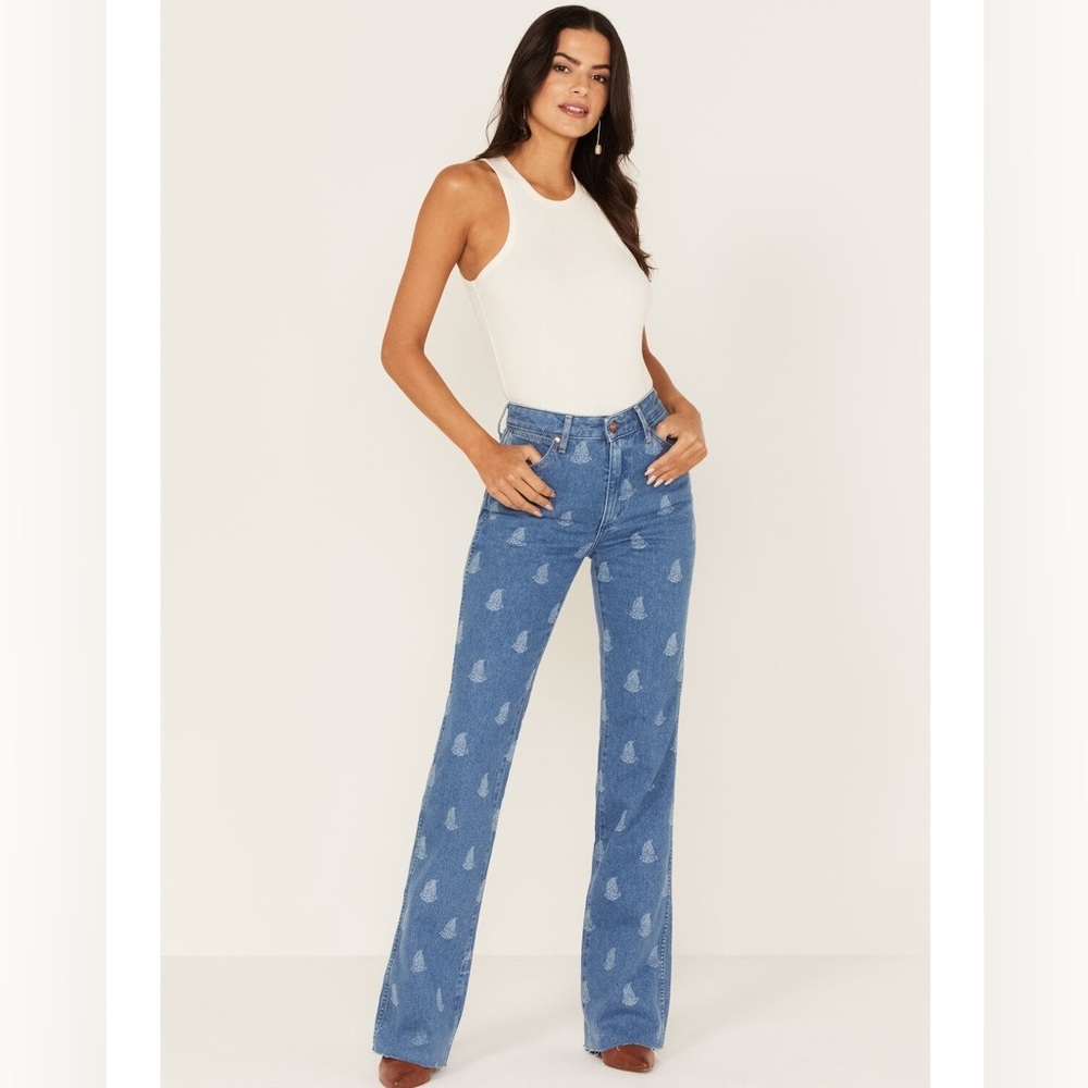Wrangler Blue High-Rise Flared Jeans with Heart Print